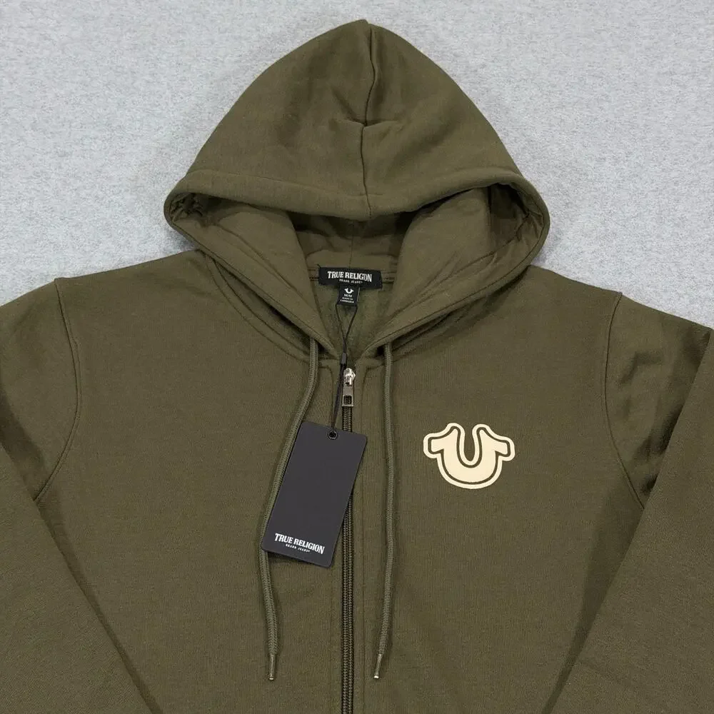 True Religion Core Zip Up Hoodie Mens Medium M Kalamata Olive Green Buddha NWT